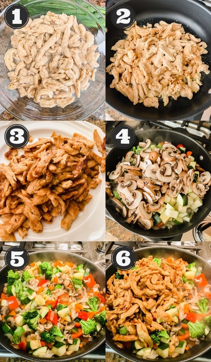 6 images showing the steps to making stir fry in a black skillet