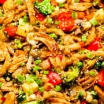 large platter with cooked stir fry veggies and soy curls