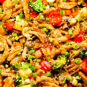 large platter with cooked stir fry veggies and soy curls