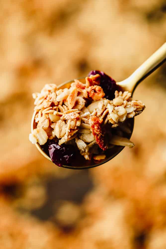 close up on a spoonful of homemade granola.