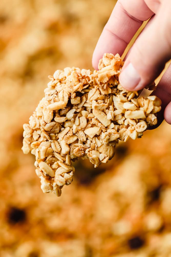 womans hand holding a cluster of granola.