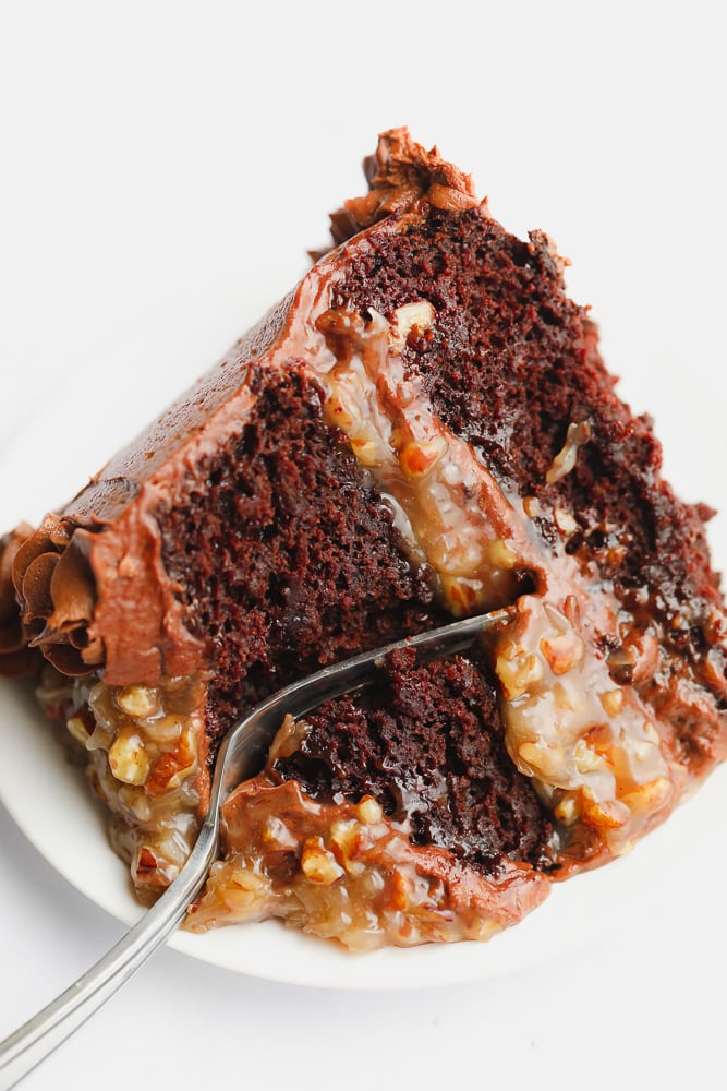 Fork cutting into a slice of frosted chocolate cake.