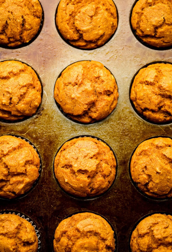 cooked muffins in a pan with liners