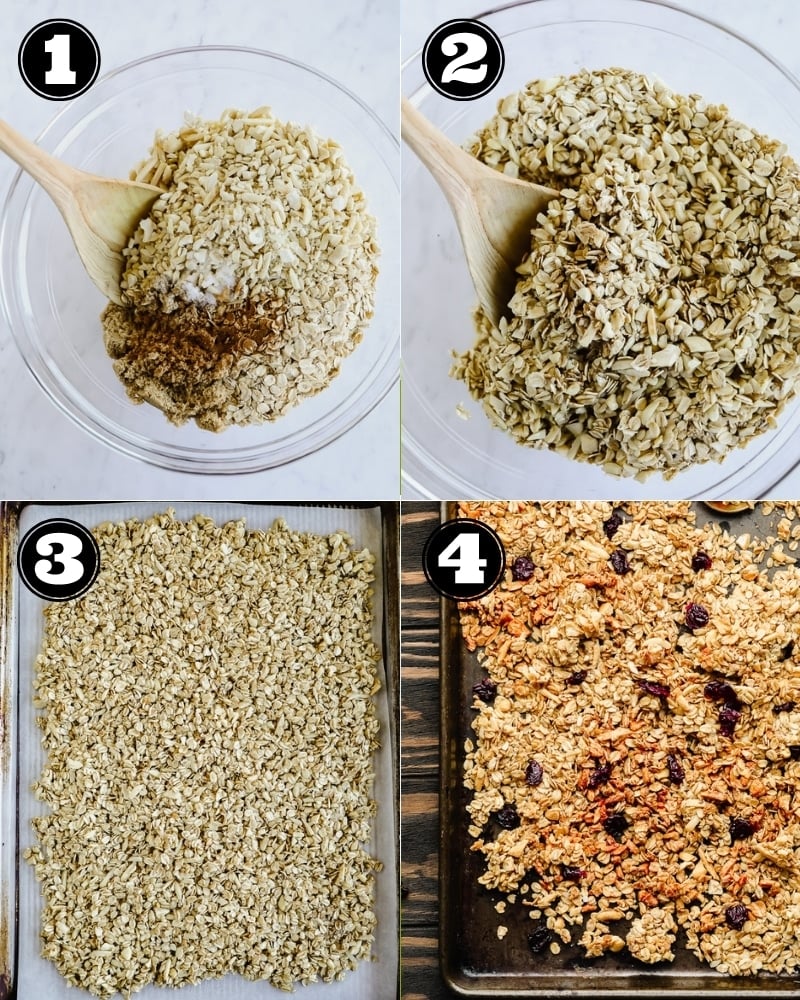 4 images showing the process of mixing and baking granola.