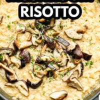 pinterest image of cooked mushrooms on top of creamy yellow risotto.