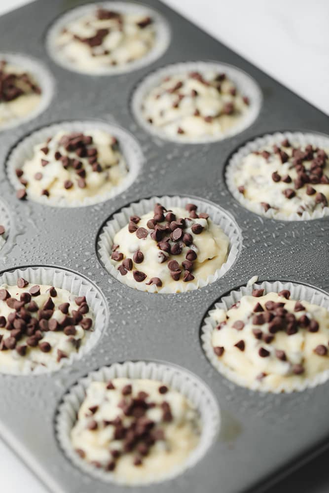 uncooked muffin batter divided in a pan