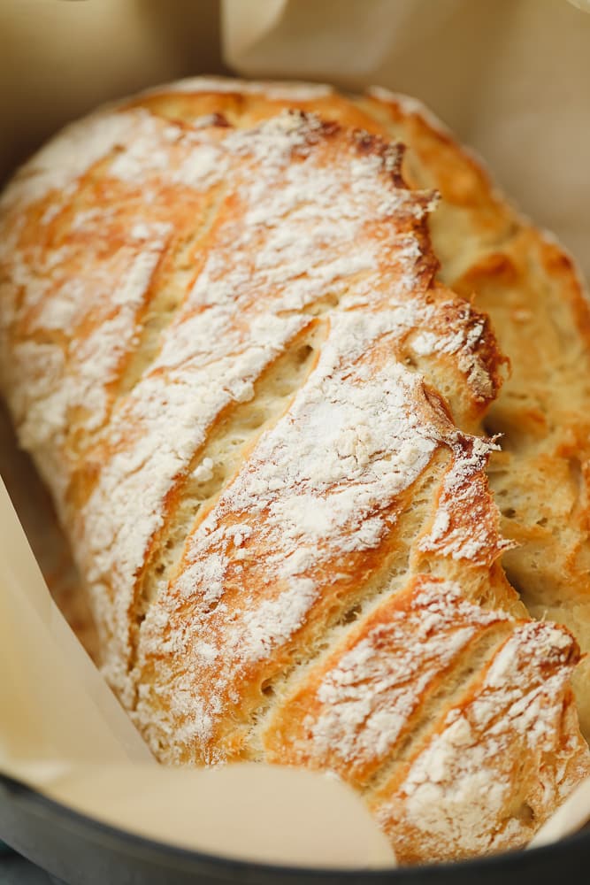 close up on a loaf of golden brown baked bread.