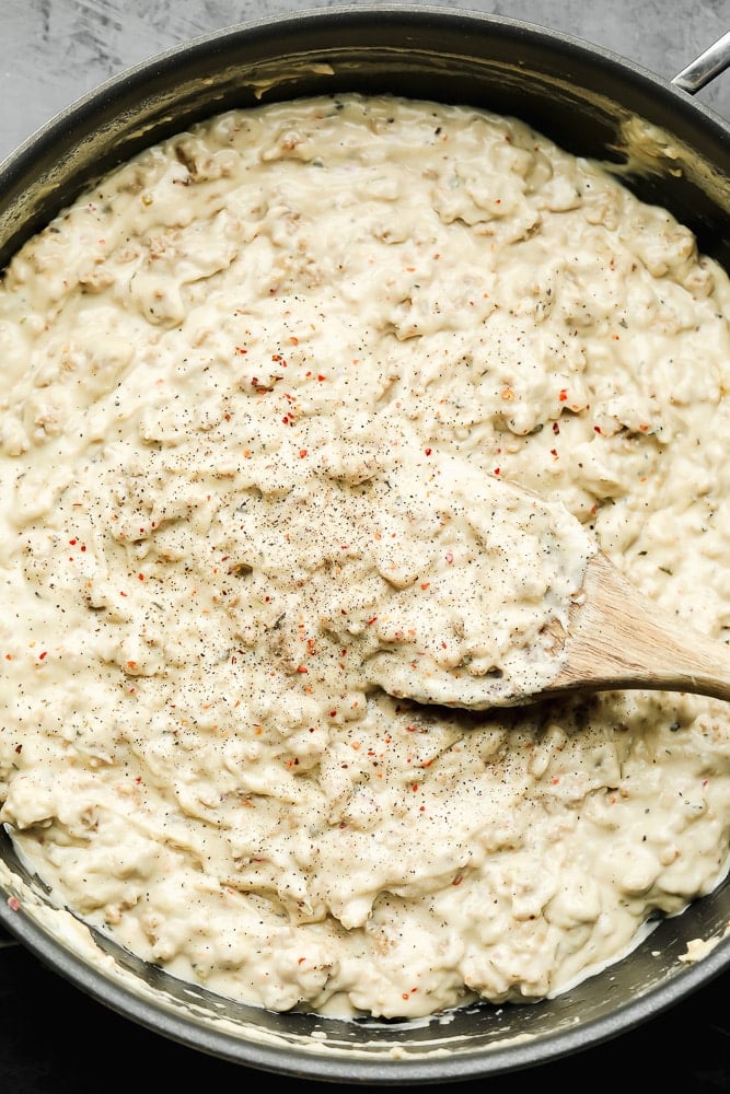 large pan full of vegan sausage gravy