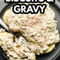 pinterest image with text overlay for biscuits and gravy