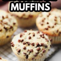 pinterest image of baked chocolate chip muffins on a wire rack.