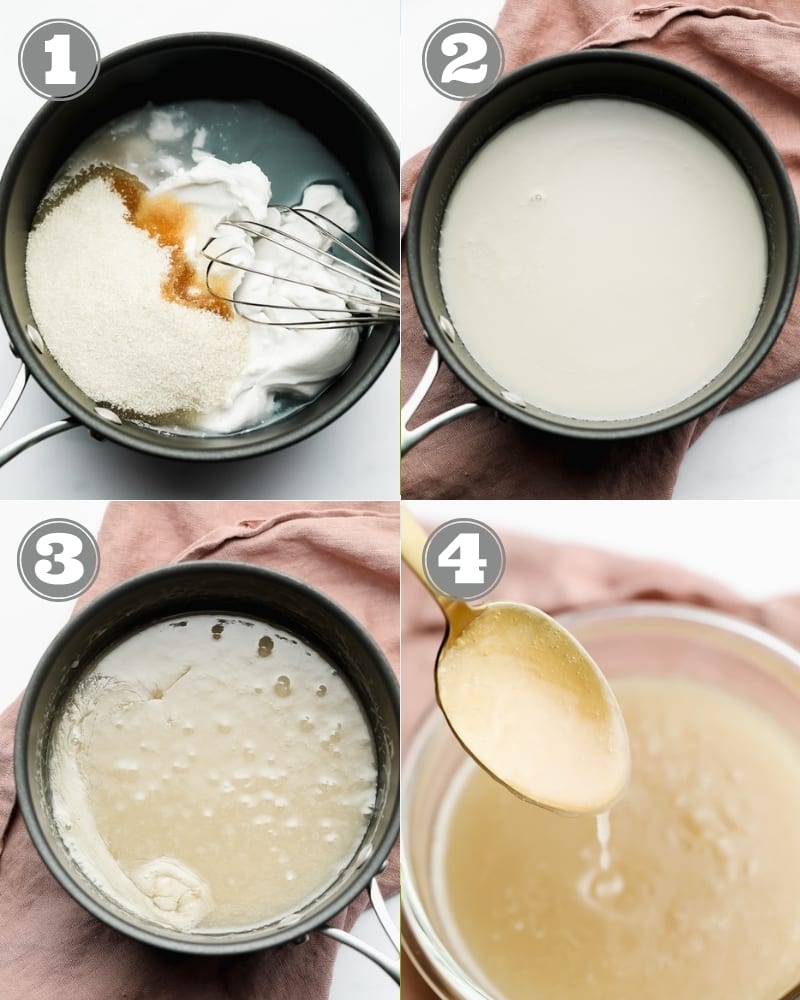 4 images showing the process of making vegan condensed milk in a black pot.