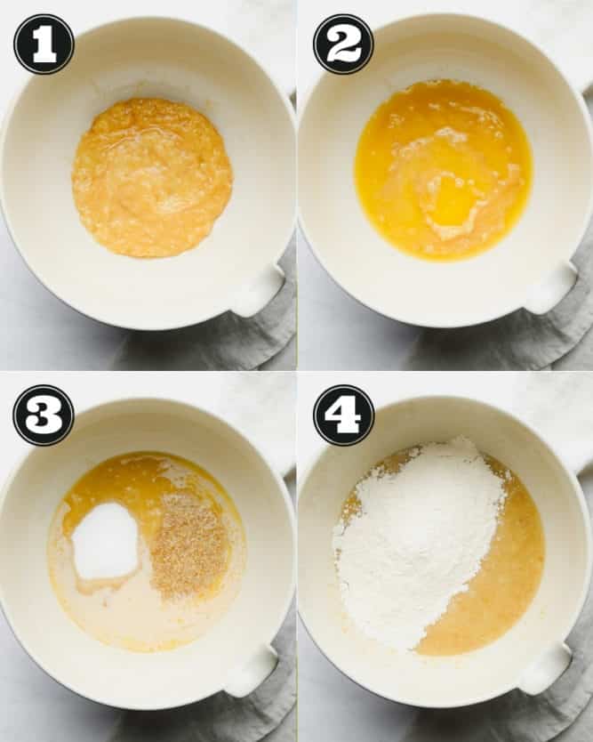 collage of how to make banana bread, the batter in a bowl