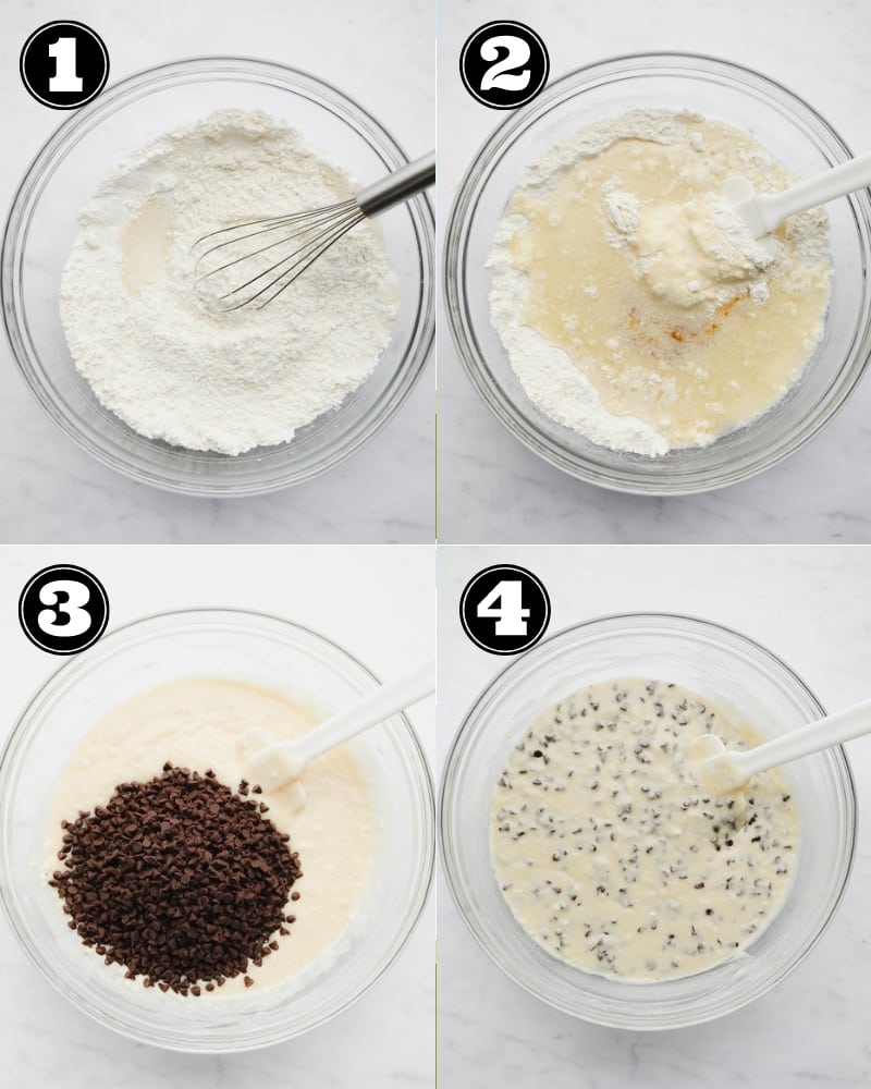 4 images showing the process of mixing a white chocolate chip batter in a glass bowl.