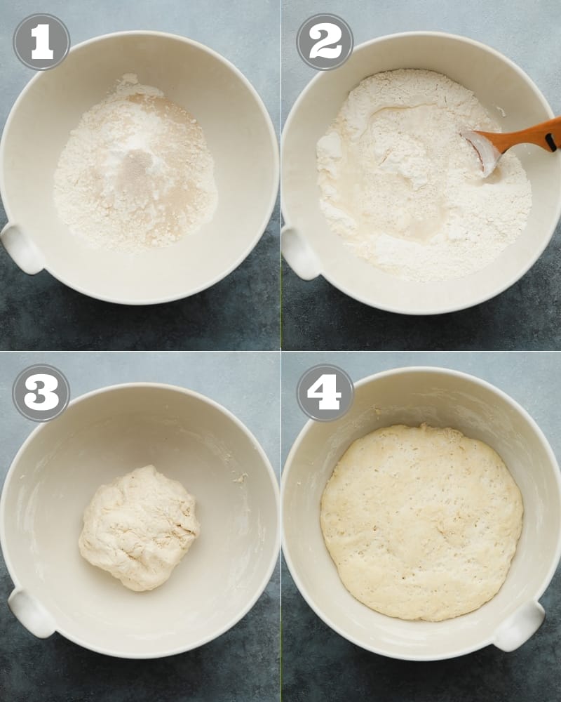 4 images showing the process of mixing bread dough and letting it rise in a white bowl.