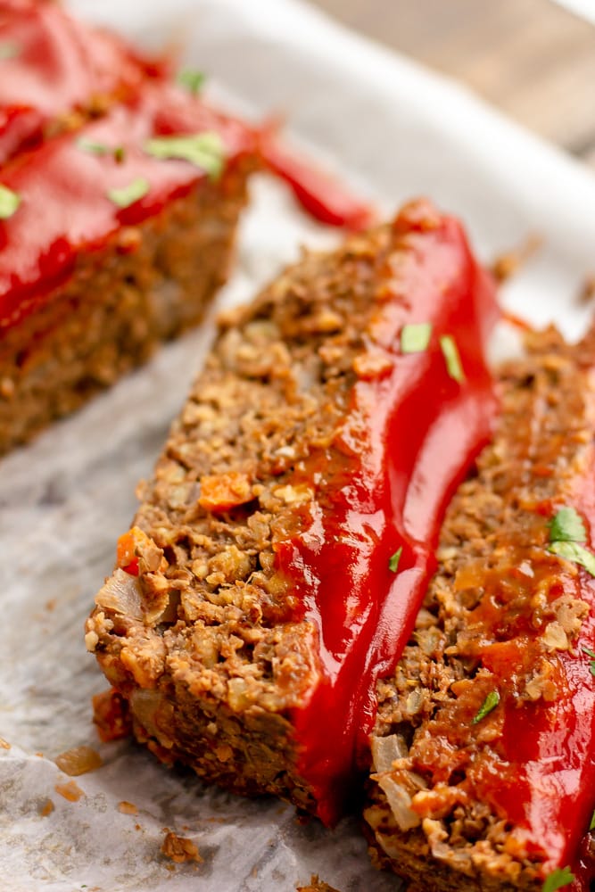 sliced meatless loaf with ketchup topping