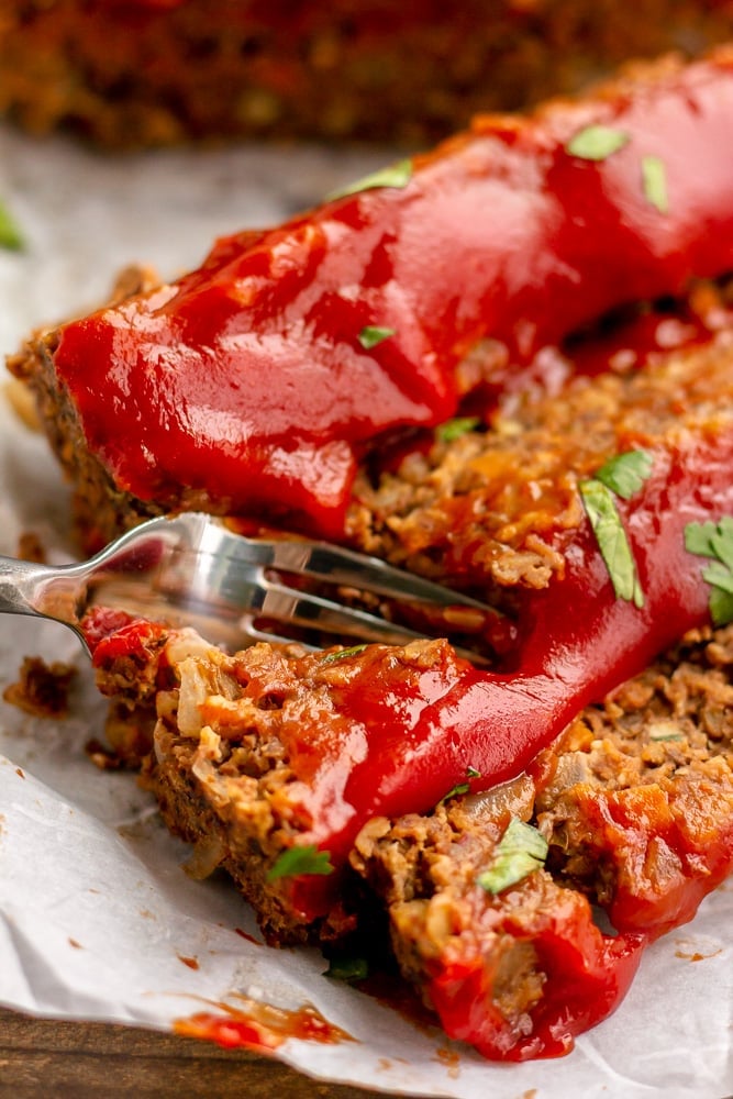 fork cutting into a veggie meatloaf