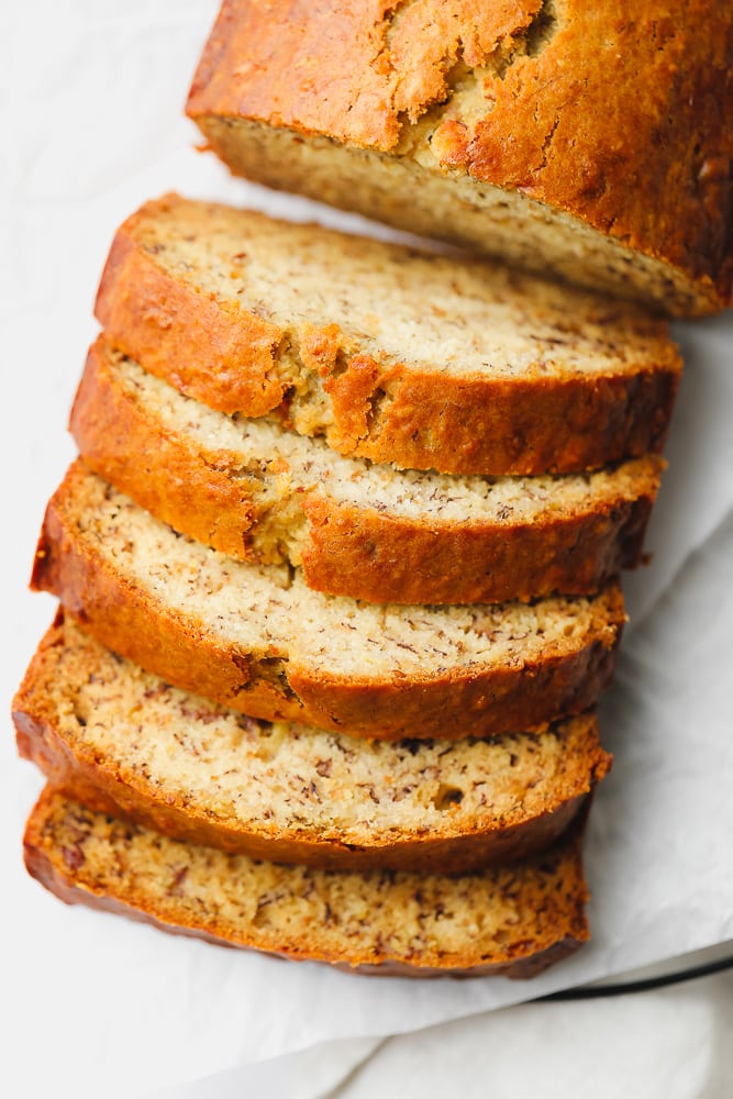 close up of sliced banana bread