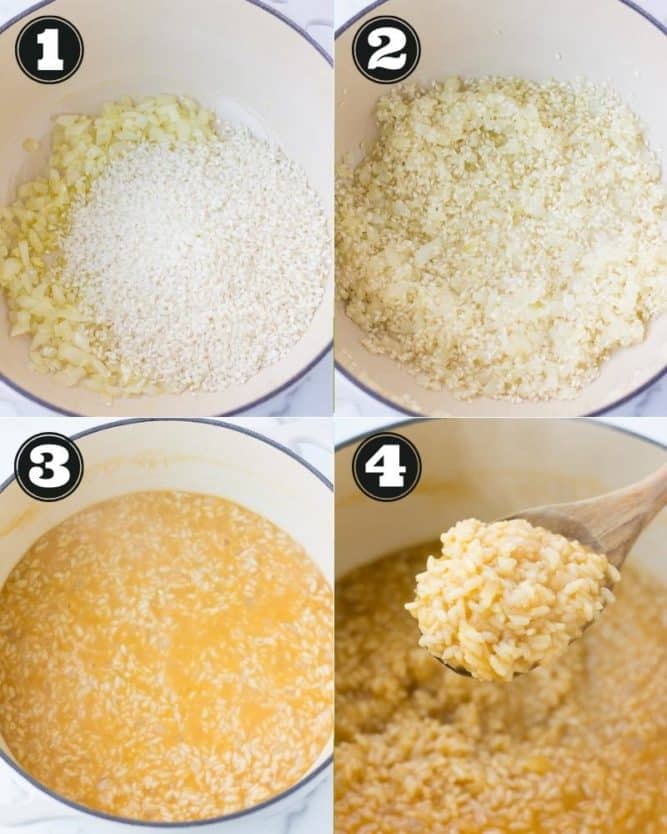 collage showing how to make risotto in a white pot