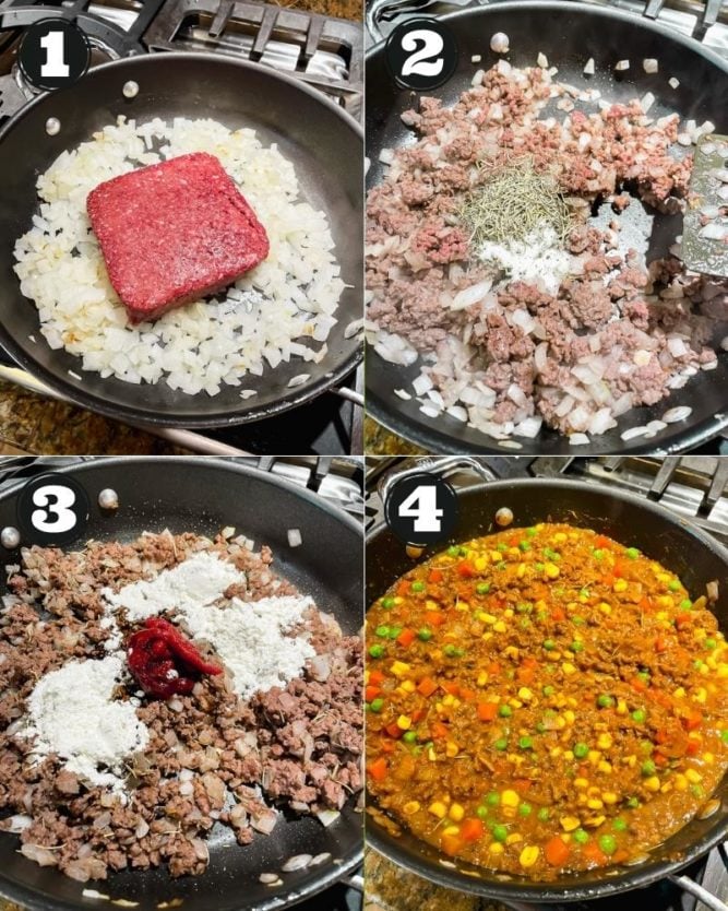 collage showing how to make meaty vegan mixture for pie