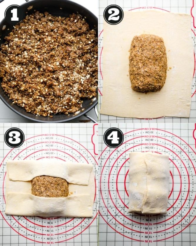 4 images showing the process of cooking a vegan beef filling and wrapping the filling in puff pastry.