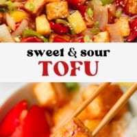 pinterest image of sweet and sour tofu and red sauce in a black skillet, and chopsticks holding a piece of fried tofu.