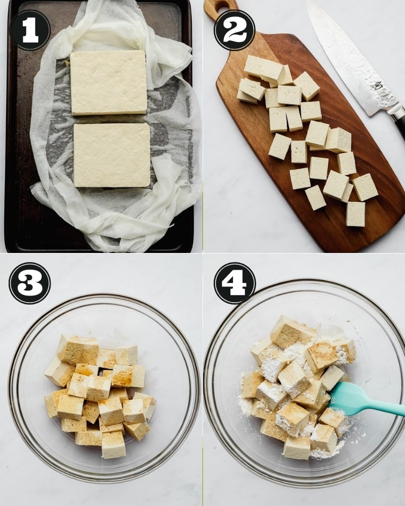 4 images showing the process of pressing, cutting, and stirring white tofu cubes in a glass bowl with seasonings.