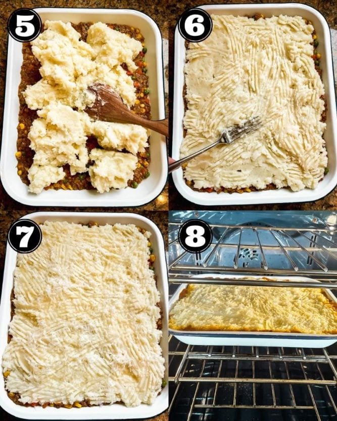 collage of how to assemble mashed potato pie for oven
