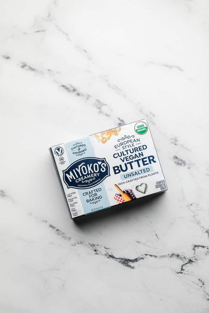 package of Miyoko's butter on marble backdrop