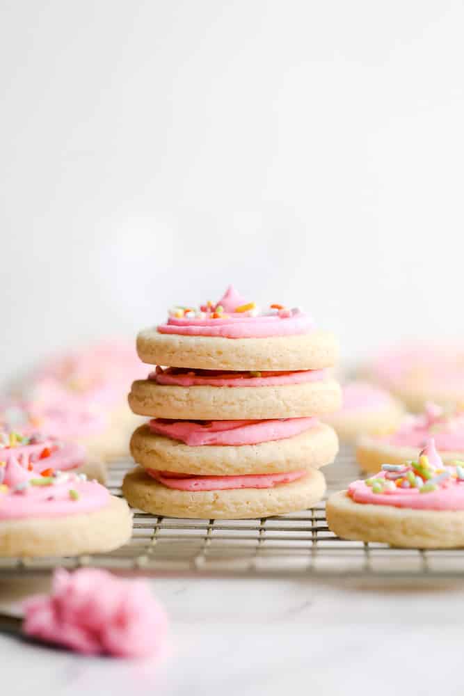 stacked sugar lofthouse cookies, white background