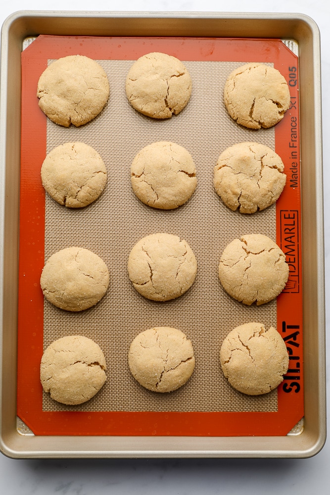 cooked peanut butter cookies on a pan