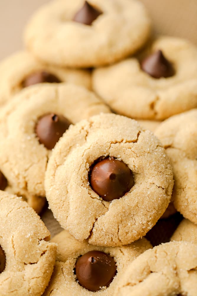 close up of a peanut butter blossom cookies