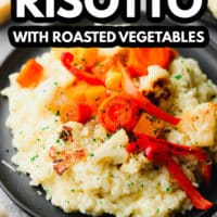 Pinterest image with text overlay reading vegan risotto with roasted vegetables