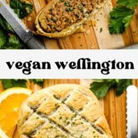 pinterest image of a baked vegan beef wellington sitting on a wood board.
