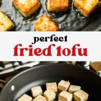 Pinterest image with golden brown tofu nuggets frying in a black skillet.