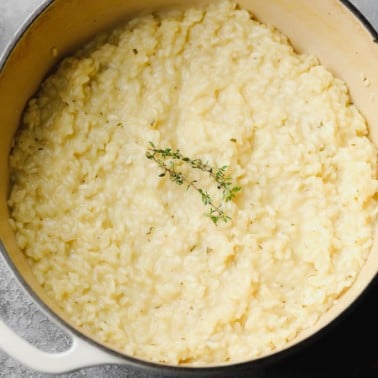 square image of creamy pot of vegan risotto