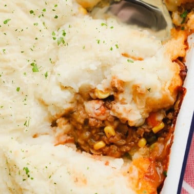 square image of potatoes and meat casserole, vegan