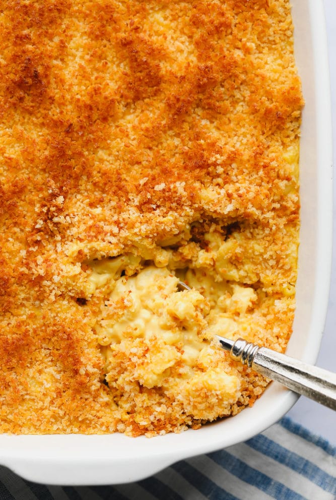 looking down on a pan of noodle casserole, golden brown on top