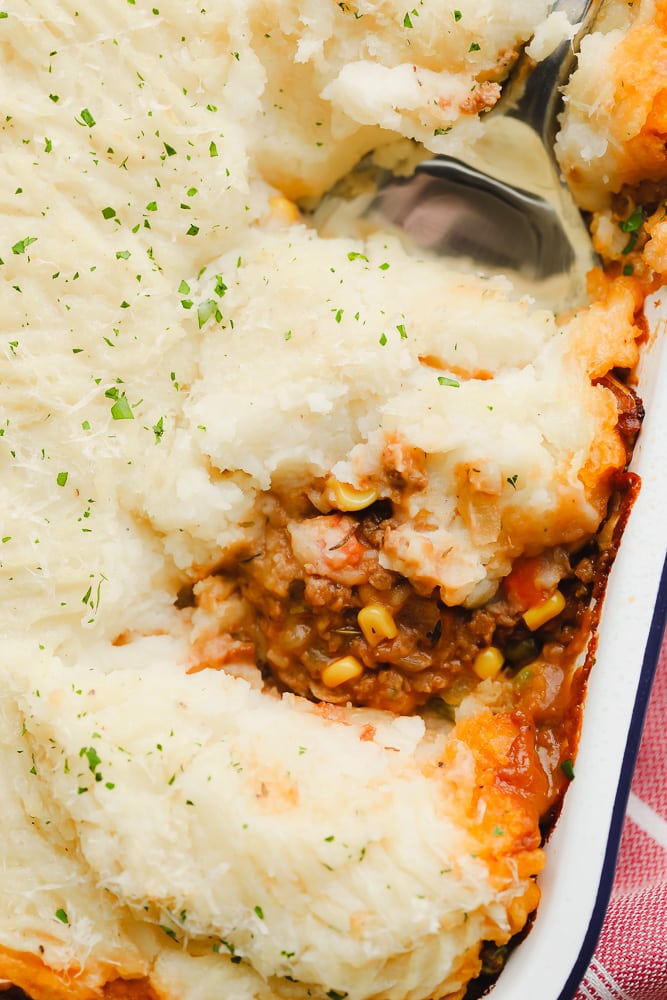 looking down on a casserole with potatoes and meaty mixture