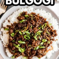 pinterest image of white rice and cooked ground vegan beef on a white plate.