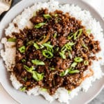 close up on white rice and cooked ground vegan beef on a white plate.