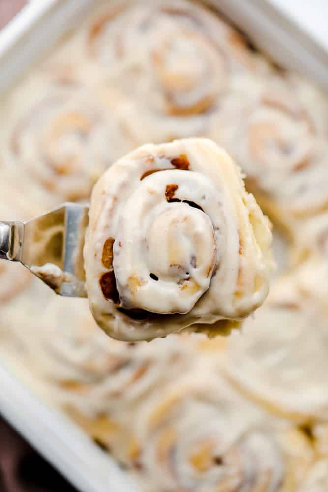 a spatula holding a vegan cinnamon rolls, underneath are more in a dish