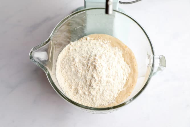 flour added to wet mixture in stand mixer