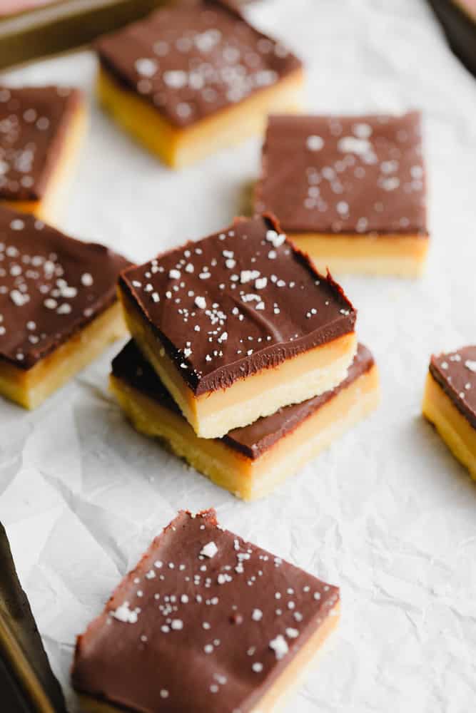 millionaire shortbread cut into small squares.