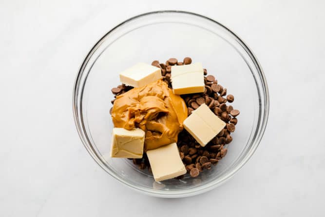 butter, peanut butter and chocolate chips in a bowl