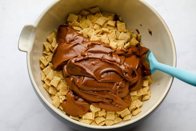 chocolate melted on top of rice chex cereal, before mixing