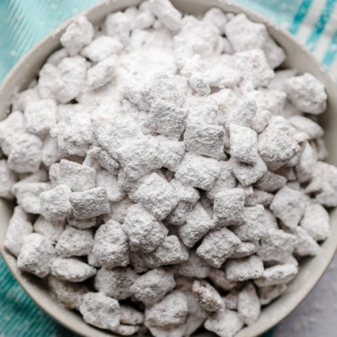 square image of bowl of powdered sugar coated cereal