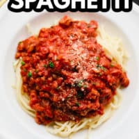 pinterest image of spaghetti noodles with homemade spaghetti sauce on top in a white bowl.