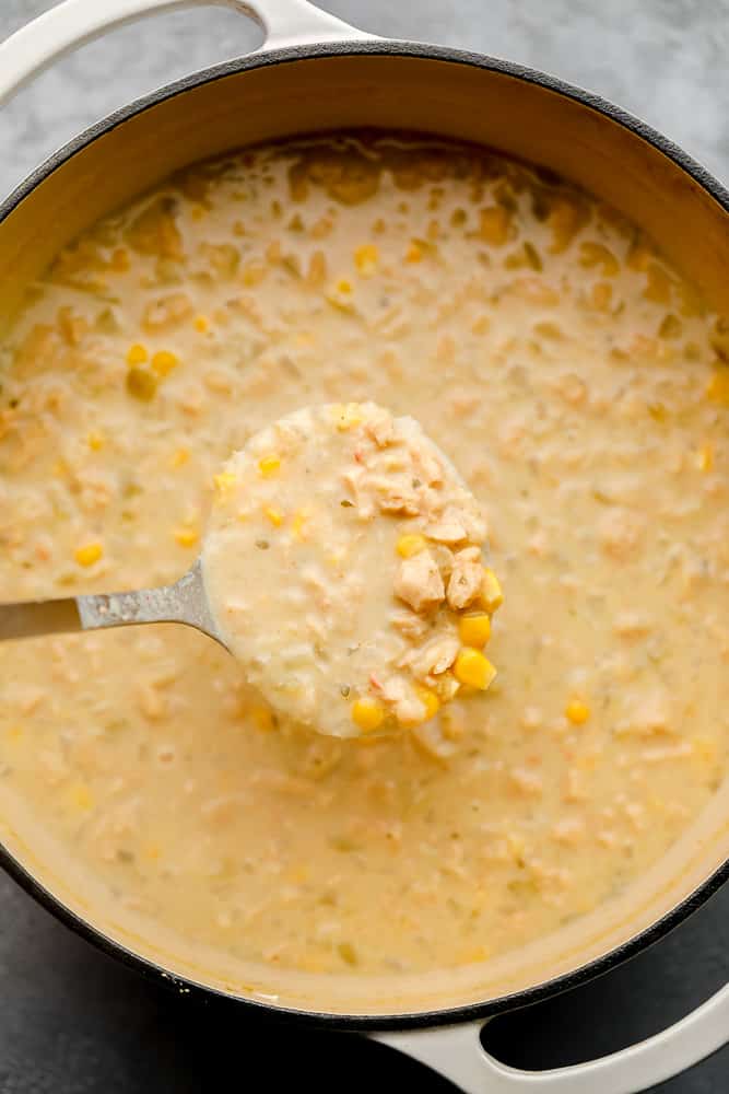 white pot with creamy white soup and a ladle serving