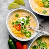 square image of 3 bowls of white bean chili