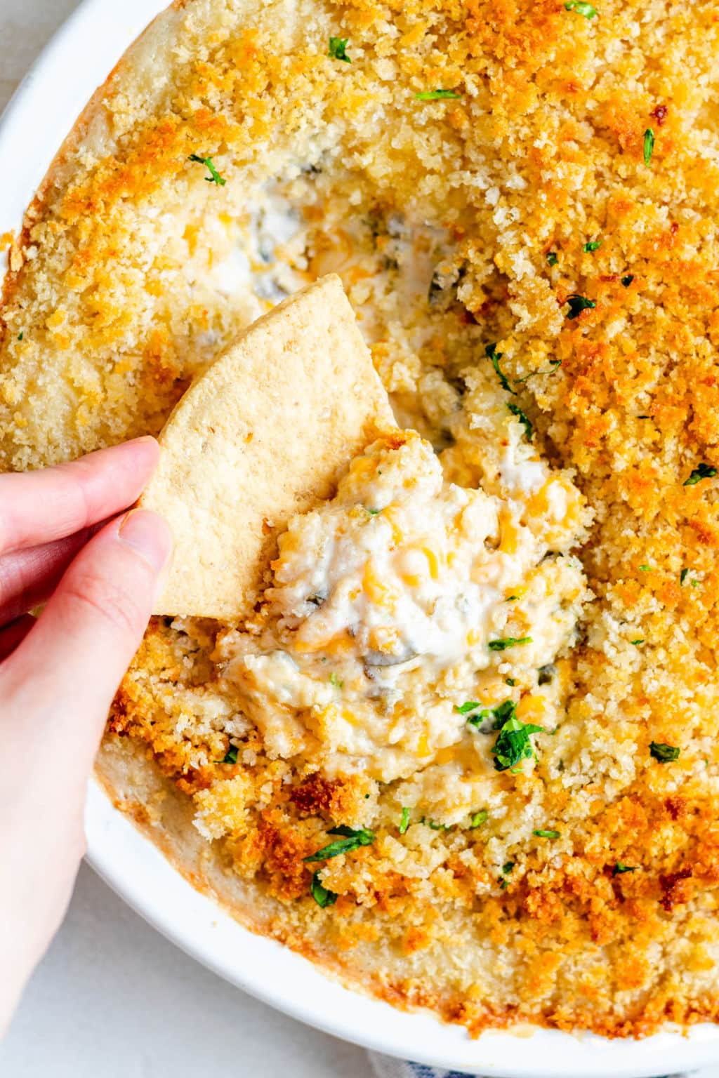 womans hand dipping a tortilla chip into a baked breadcrumb-covered white dip.